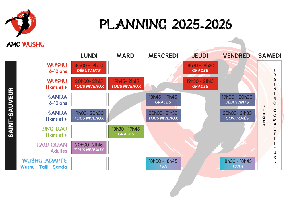 Planning AMC WUSHU Saint Sauveur 2025-2026
