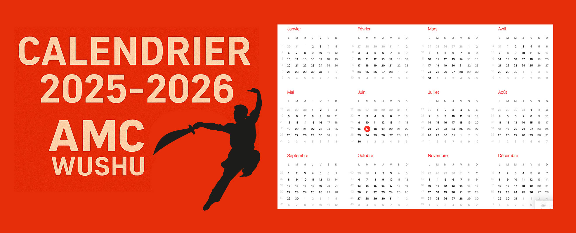 Calendrier AMC Wushu 2025 2026 Saint Sauveur
