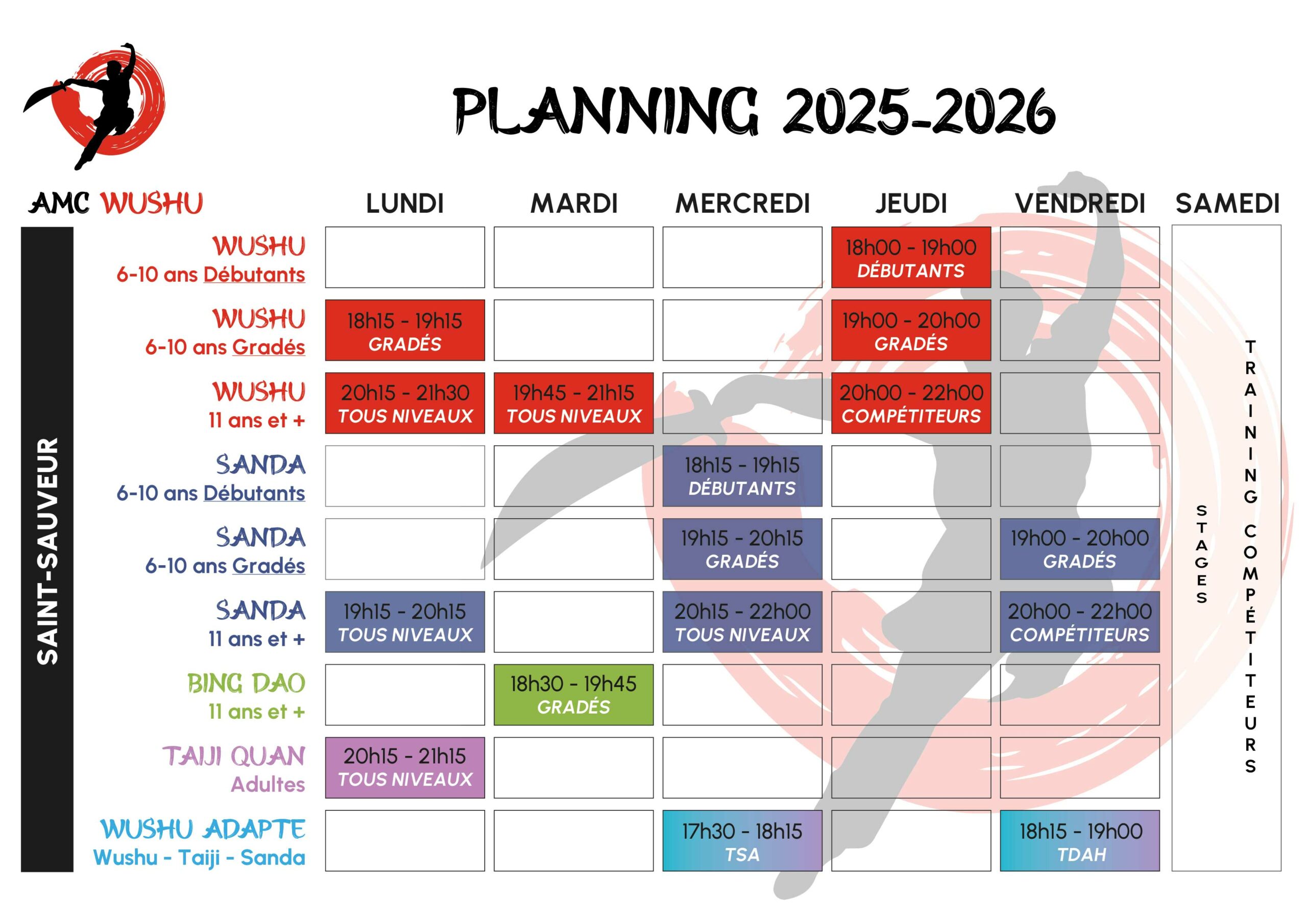 Planning AMC WUSHU Saint Sauveur 2025-2026