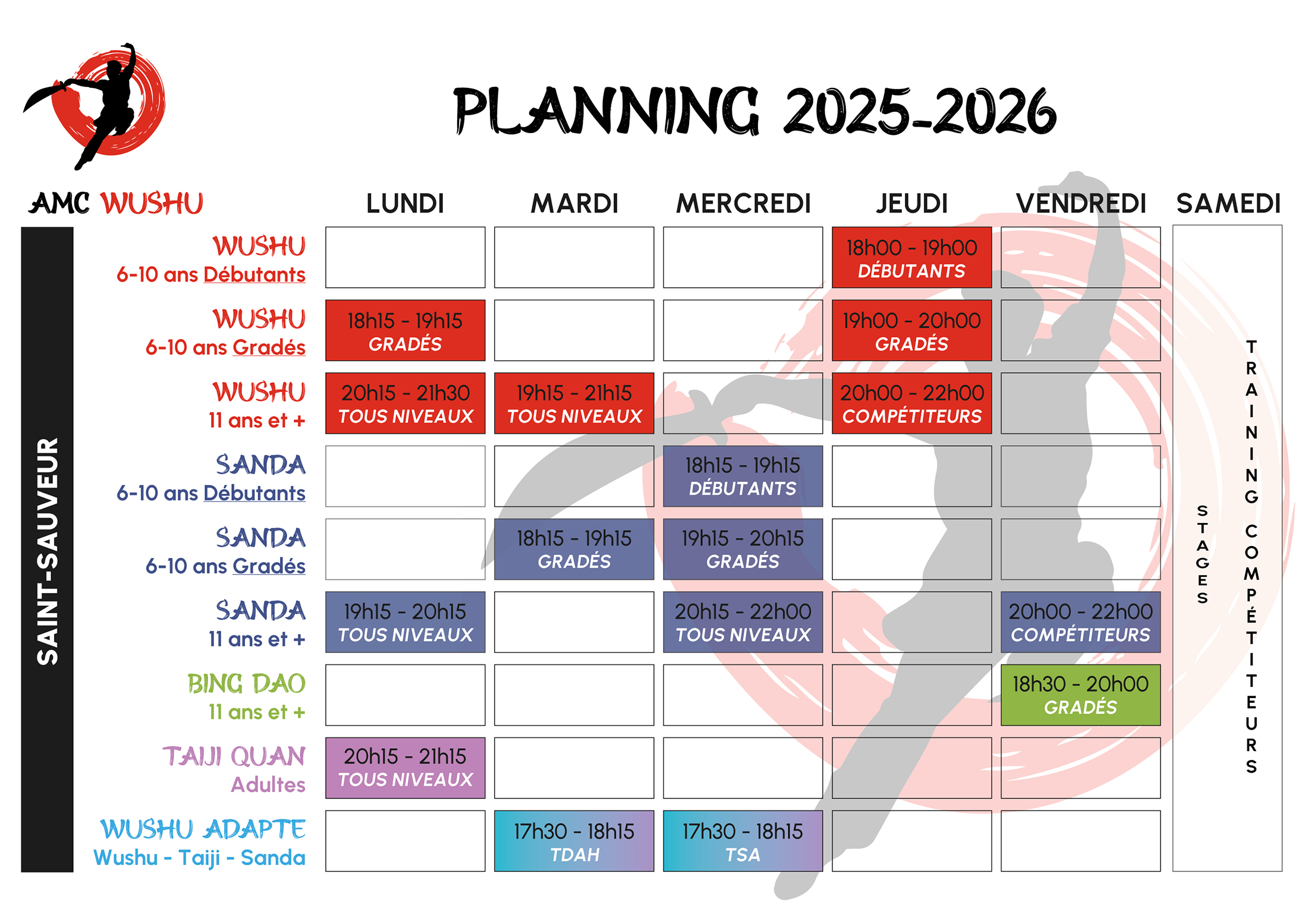 Planning AMC WUSHU Saint Sauveur 2025-2026
