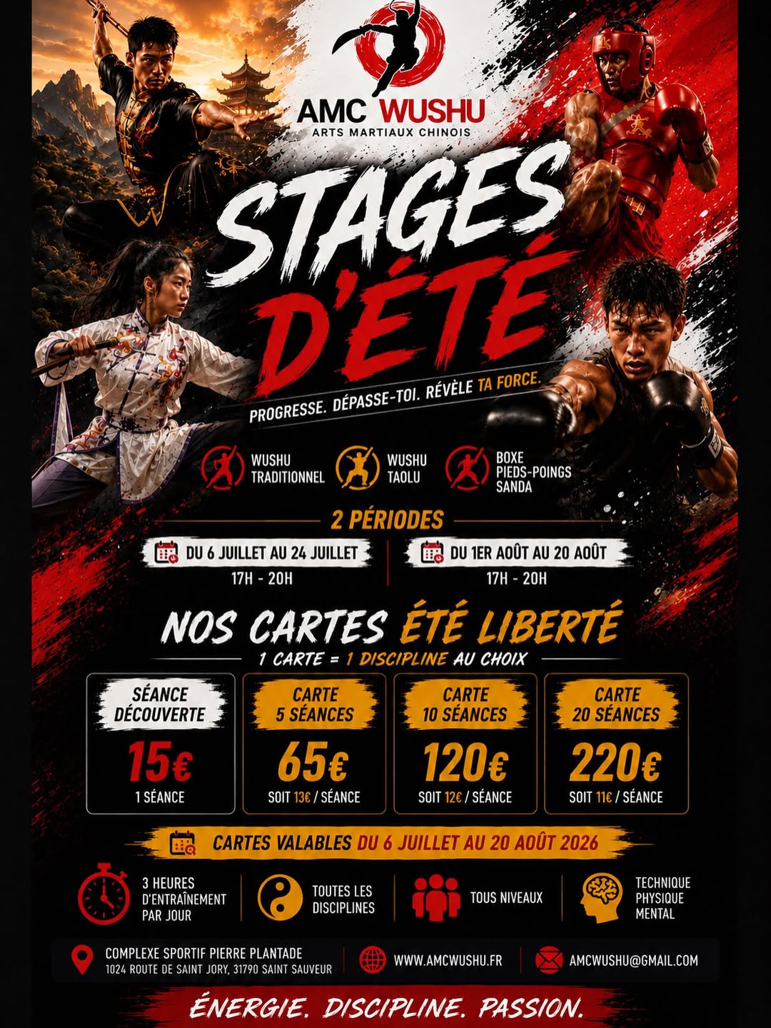 Participez aux stages d’été de Wushu, Kung Fu traditionnel, Taolu et Sanda proposés par AMC Wushu à Saint-Sauveur en juillet et en août.